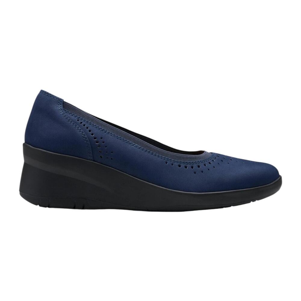 Clarks Women's Suttyn Kaylie Nubuck Leather Wedge Heel Pumps Navy Size 6 W - Picture 2 of 5